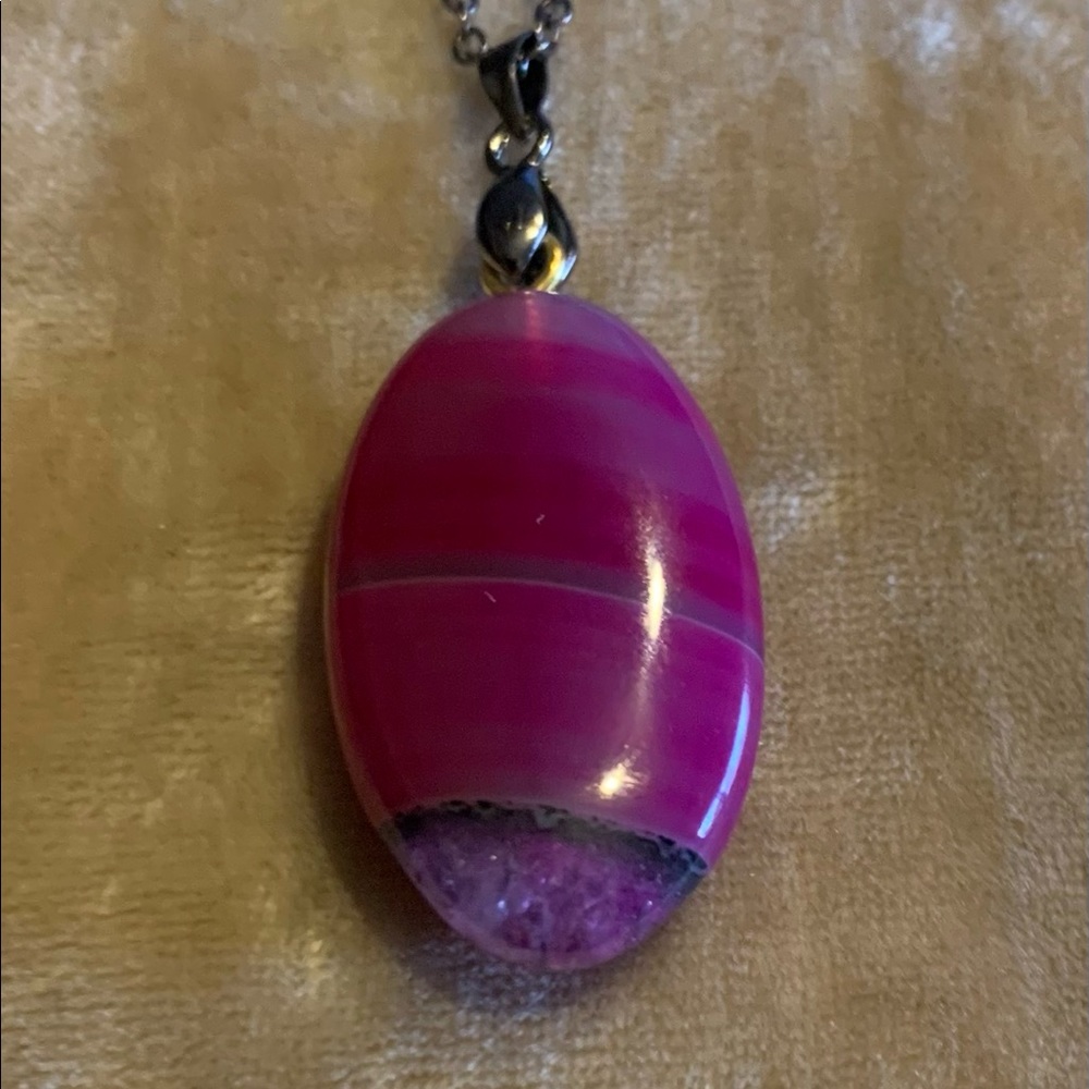 Purple-Pink Oval Agate Pendant with a Gun Metal Chain Necklace